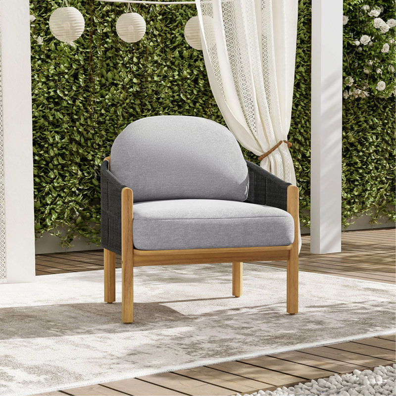 Fauteuil club d'extérieur Grotta, corde gris foncé avec coussin gris, Coussin gris / cadre noir