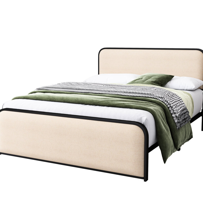 Très grand lit en métal, revêtement beige, tête de lit courbée et lattes robustes, cadre de rangement sous le lit avec revêtement en bois massif de 13 po