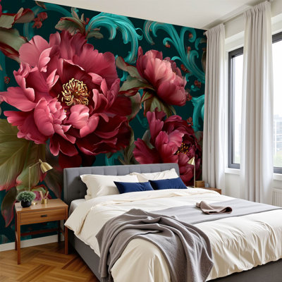 Peel and Stick Wallpaper Opulent Peony Floral Seamless Teal Vintage Wall Murals 100"H x 144"W Removable PVC Wall Paper Self-Adhesive Wall Decor for Bedroom Living Room Home Office