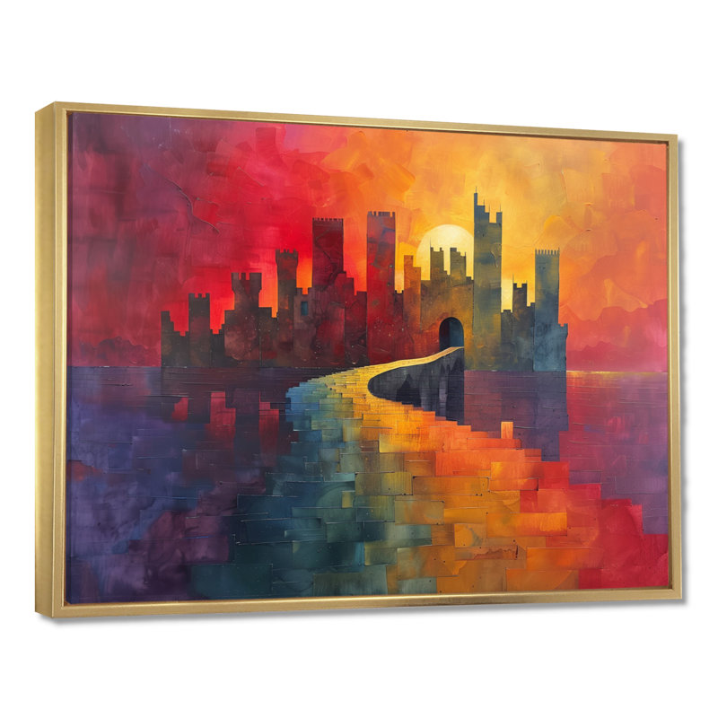 Rouge, jaune, fantastique, folie, tours I - tours, art mural, salon, Toile avec cadre flottant or