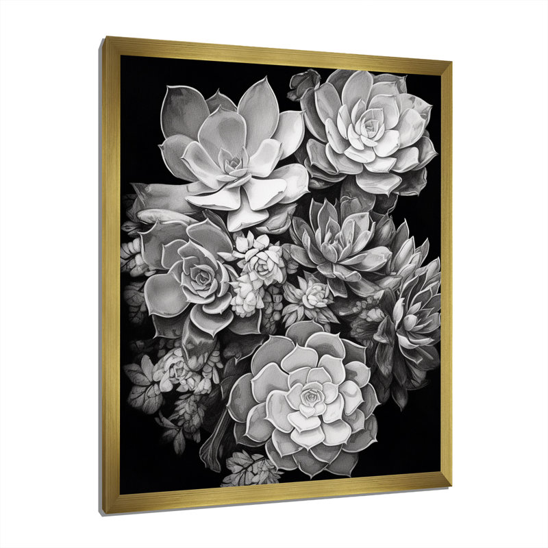 Gris, noir, résilience des plantes grasses - impression, H 32 po x l 16 po x P 1 po, Encadrement doré