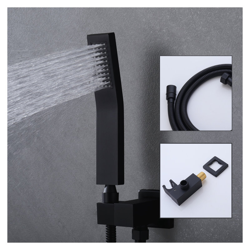 Matte Black Shower System with 10 Inch High Pressure Rainfall Shower Head and Handheld, Wall Mount Shower Faucet Set with 3-Function Valve and Waterfall Tub Spout