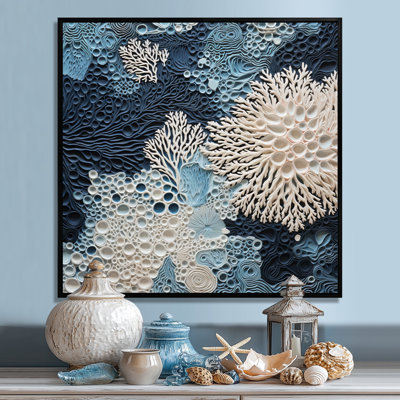 Collage sous l'eau de coraux bleus et blancs - art mural côtier