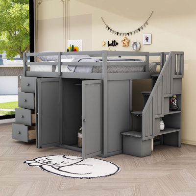 Jaydamarie Full Size Wood Loft Bed With Built-In Wardrobes And Drawers, Shelves by Harriet Bee
