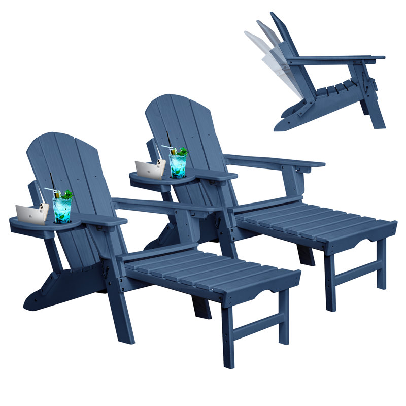 HDPE Folding And Adjustable Adirondack Chair With Ottoman, Navy