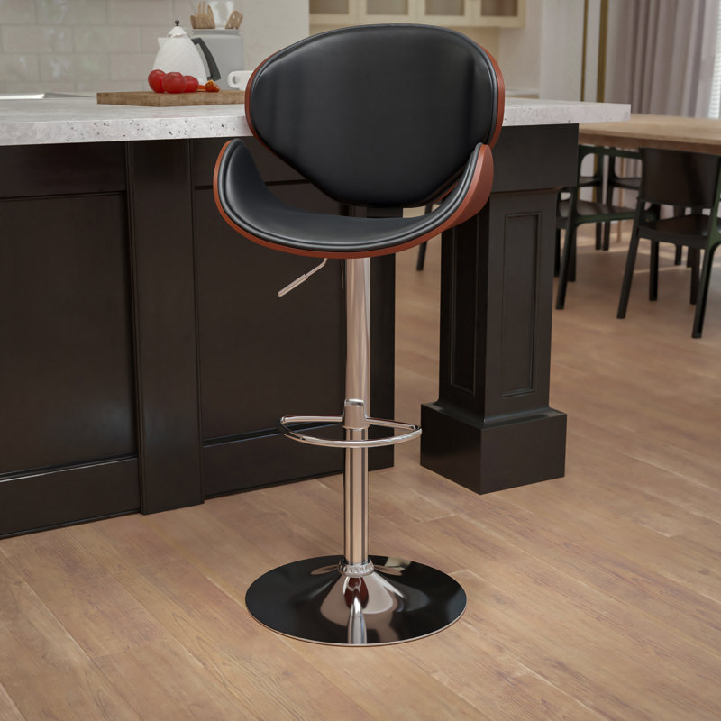 Chestertown Adjustable Height Barstool with Curved Vinyl Seat and Back, Walnut