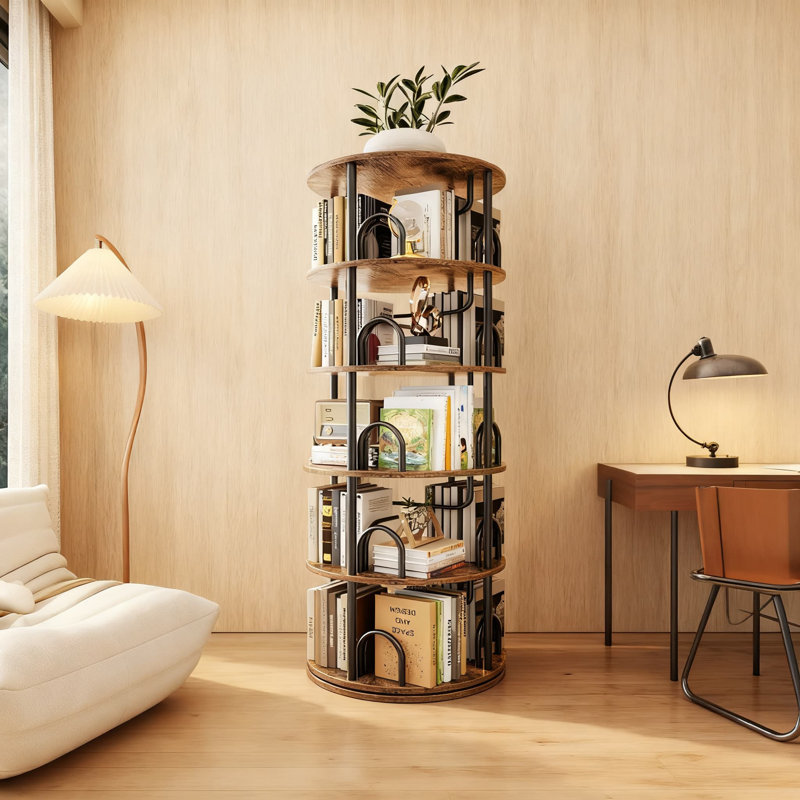 Tour de bibliothèque à 5 niveaux pivotant, bibliothèque rotative à 360 degrés avec conception ronde peu encombrante, organisateur de coin vertical pour livres, jouets et décoration intérieure