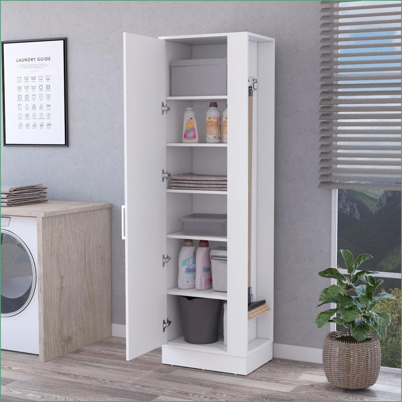 Armoire de rangement avec porte simple Porte-balais, blanc neige | Bois d'ingénierie