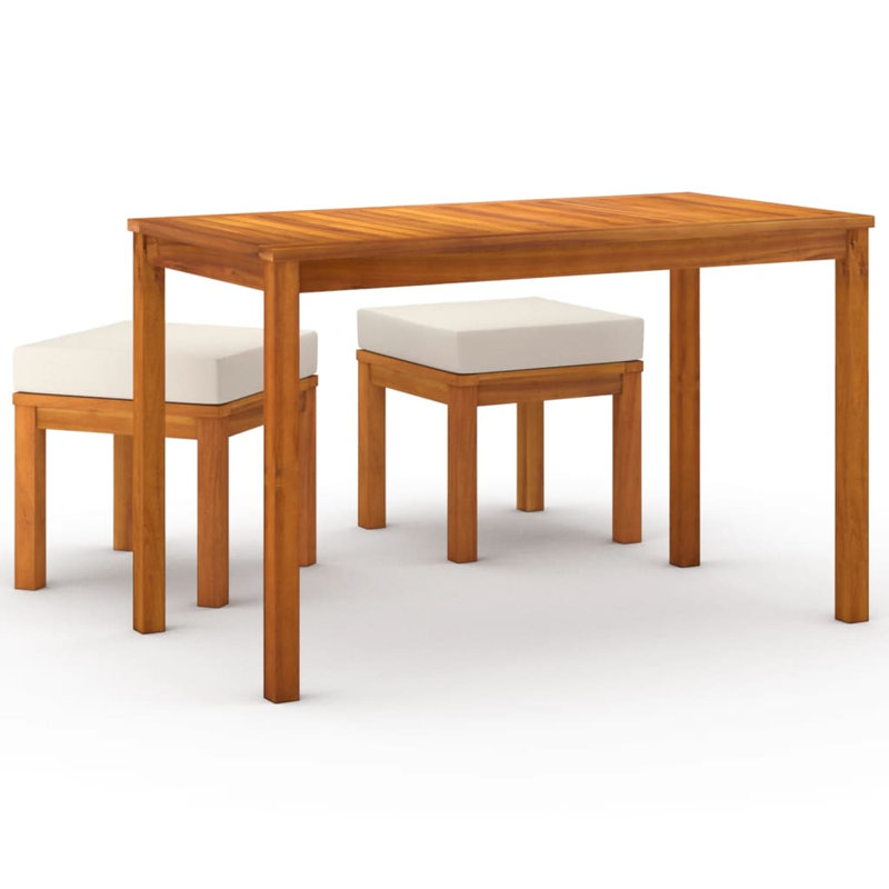 2 - Person Acacia Wood Patio Dining Set with Rectangular Table , Cushions Included, Cream