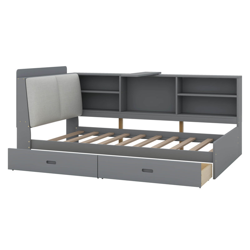 Structure de lit simple avec 2 tiroirs, Gris