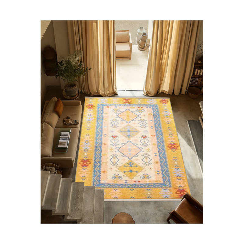 Tapis décoratif jaune à motif frangé à motif traditionnel jaune, Sous-tapis rectangulaire de 3 pi 3 po x 4 pi 11 po