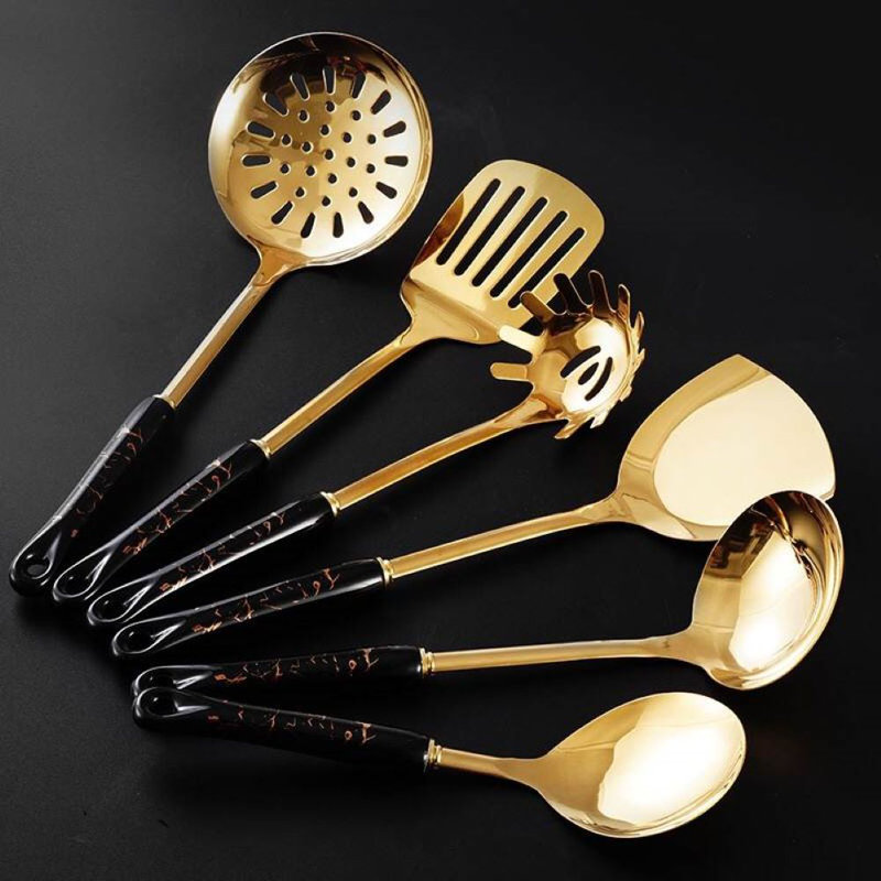 Belfry Kitchen Shela Utensil Set, Black/Gold