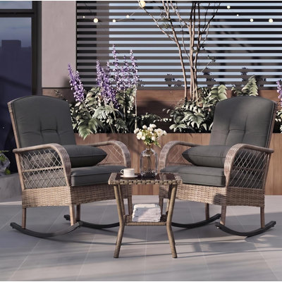 Ensemble de 3 chaises berçantes en osier pour l'extérieur, chaise berçante résistante aux intempéries avec coussin épais et structure en acier avec table d'appoint, meubles de jardin en rotin toutes saisons pour le jardin, gris