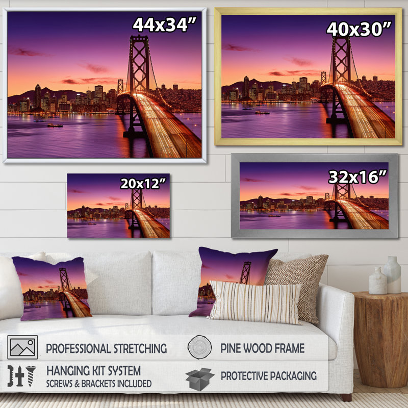 «San Francisco Skyline And Bay Bridge IV», reproduction d'art sur toile, H 34 po x l 44 po x P 1,5 po, Cadre flottant doré