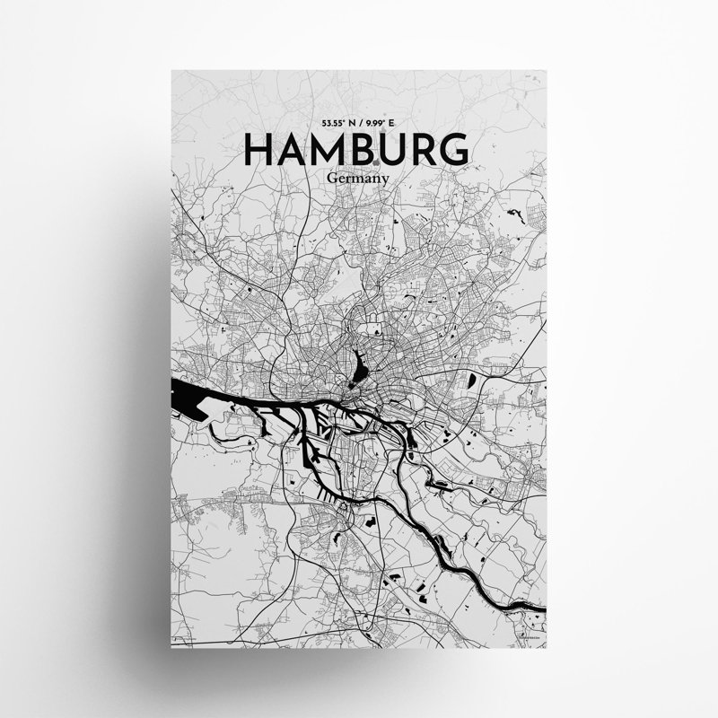 Carte de la ville de Hambourg, impression, H 17 po x l 11 po, Noir / blanc