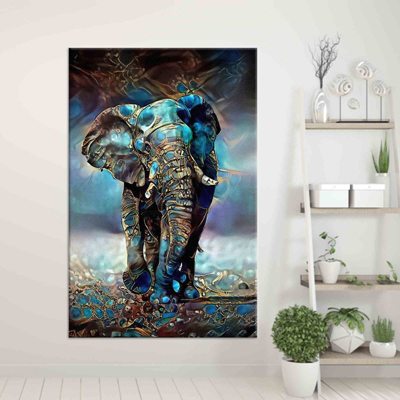 Grande affiche 3D sur toile à motif d'éléphants aux tons bleus modernes personnalisable avec votre motif préféré