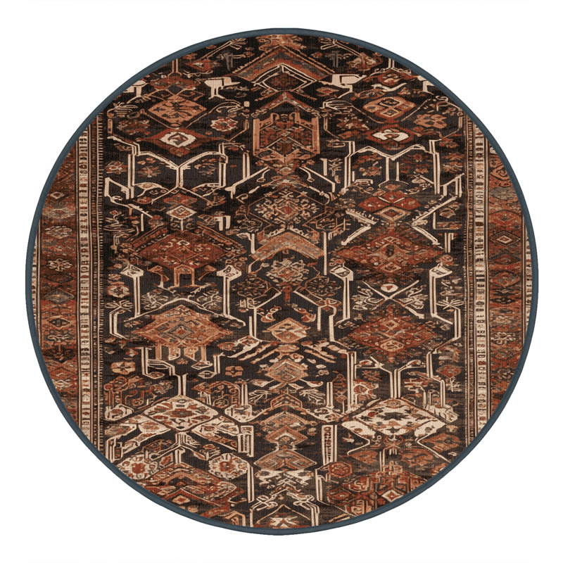 Tapis turc noir lavable à la machine, Rond 5 pi