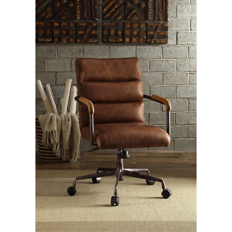 Élégant mobilier de bureau en cuir brun - Chaise pivotante avec siège réglable avec fonction de levage rétro, rembourrage confortable, structure en métal, chic