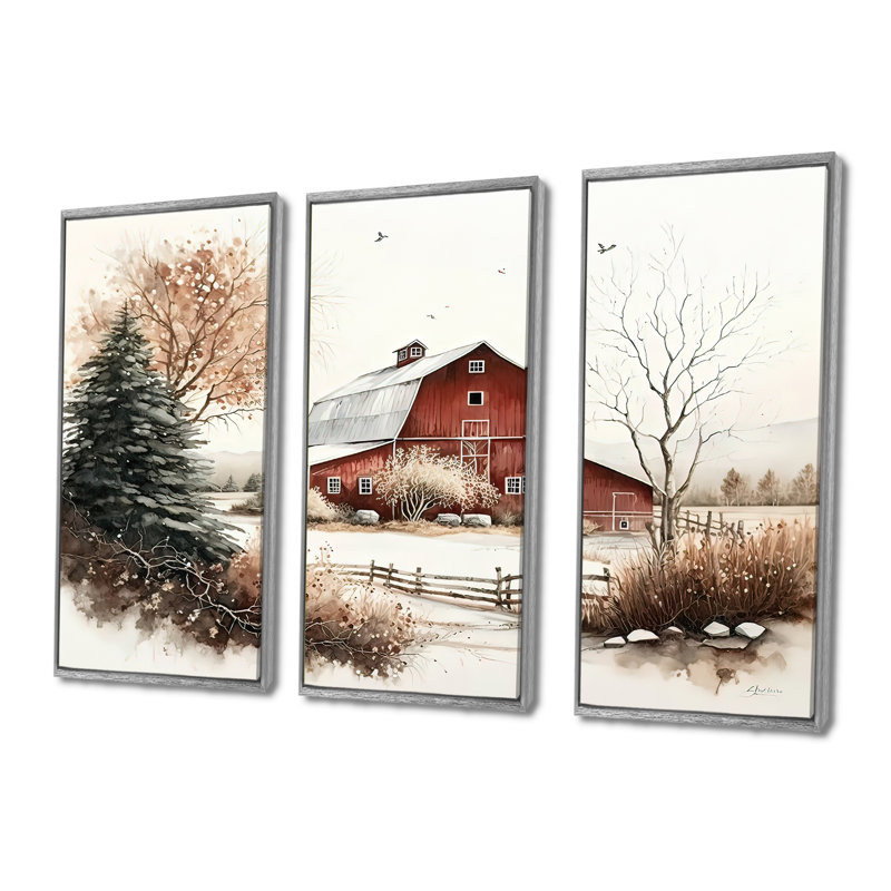 Calm Red Barn In Winter I - ensemble d'art mural sur toile Farmhouse, H 40 po x l 60 po, Cadre argenté flottant