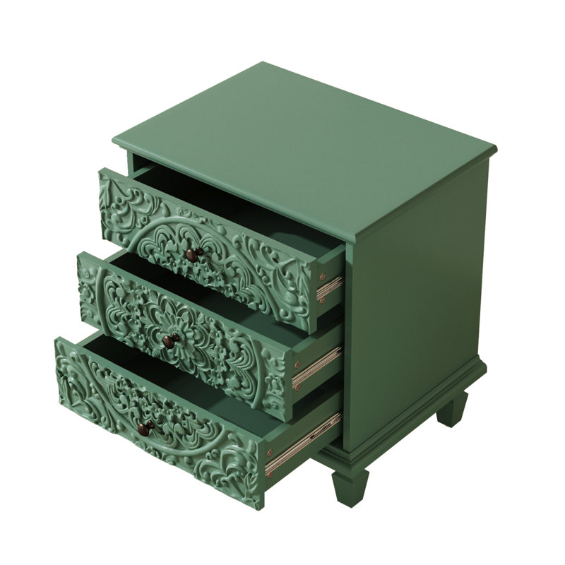 Buffet décoratif 3 tiroirs en bois sculpté, Green