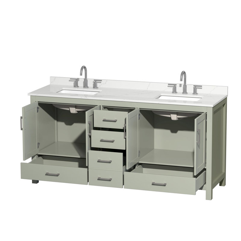 Sheffield 72" Freestanding Double Bathroom Vanity with Quartz Top, Green, Brushed Nickel, Giotto Quartz