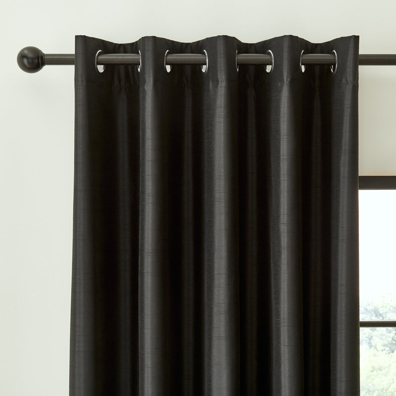 Faux Silk Blackout Thermal Insulating Eyelet Curtains, 229 x 229 cm, Black