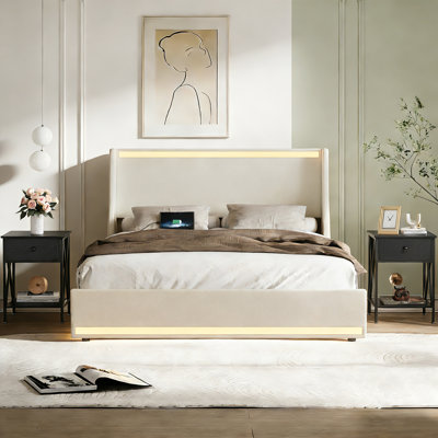 Ensemble de lit plateforme et de table de chevet rembourrés beige, cadre de lit avec tête et pied de lit à DEL, station de charge USB Type-C, tiroirs de rangement, lit en faux lin avec 2 tables de chevet modernes pour l'ensemble de mobilier de chambre à coucher