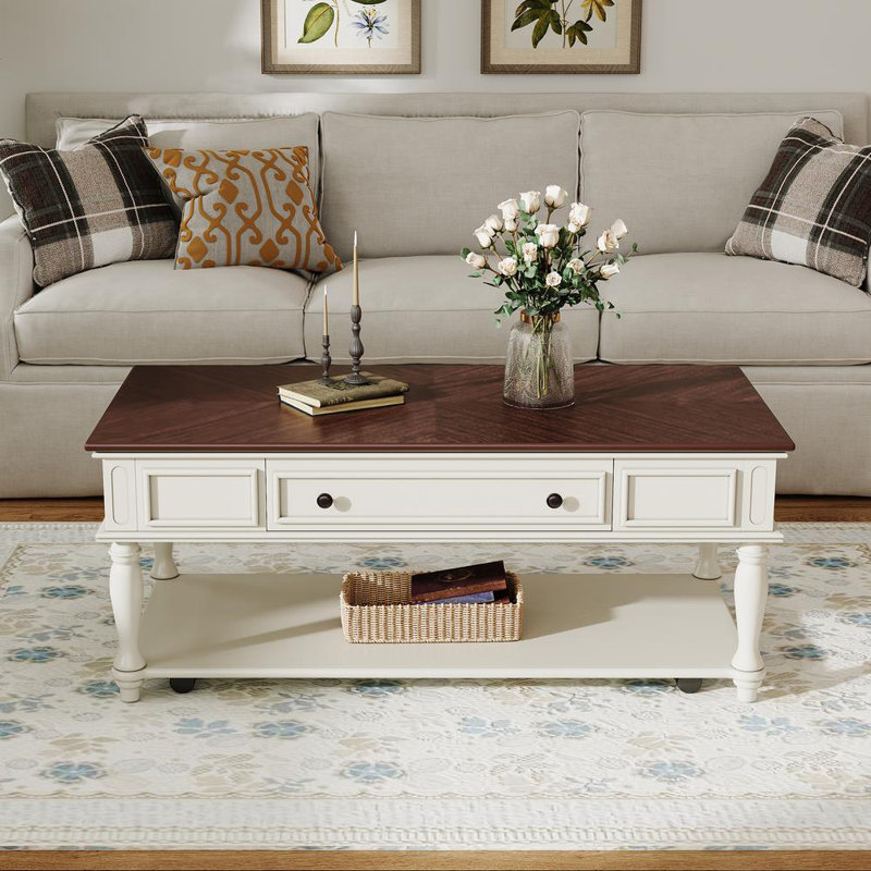 Table basse Farmhouse avec un tiroir, Blanc/noyer