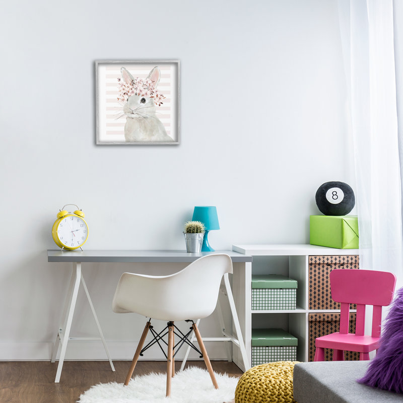 Cherry Blossom Bunny Framed Giclee Art by Jessie Perry, Farmhouse Grey Framed Giclee, 17'' H x 17'' W