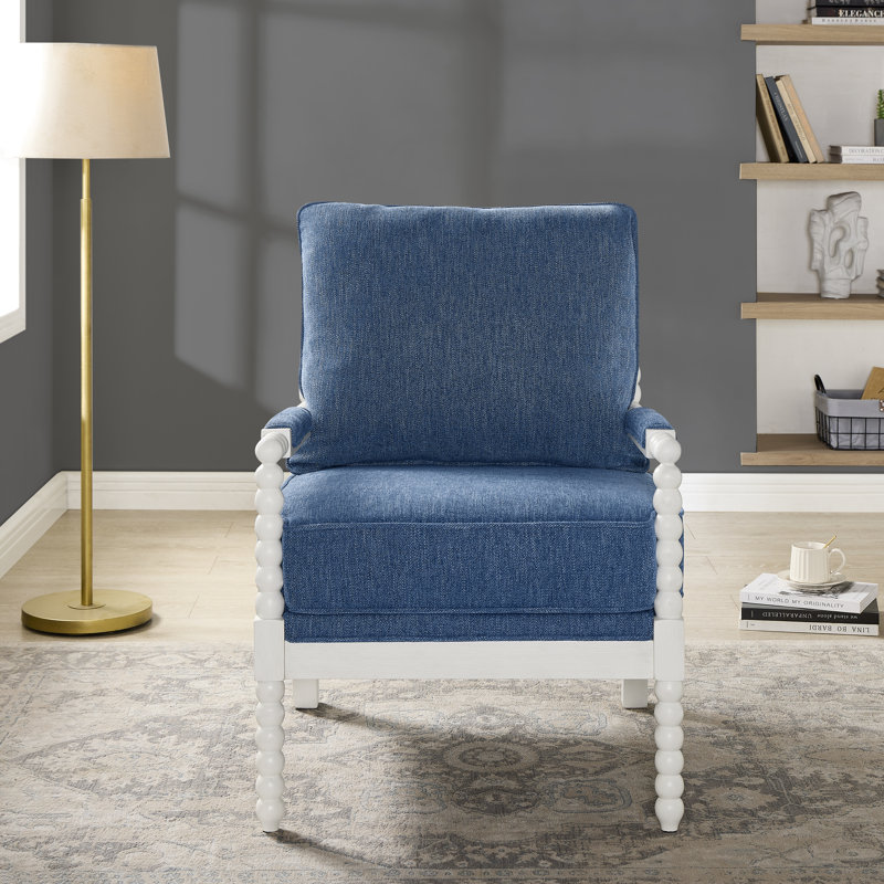 Osterhout Upholstered Spool Accent Chair with Turned Wood Frame, Denim Blue with White Finish, White, Blue