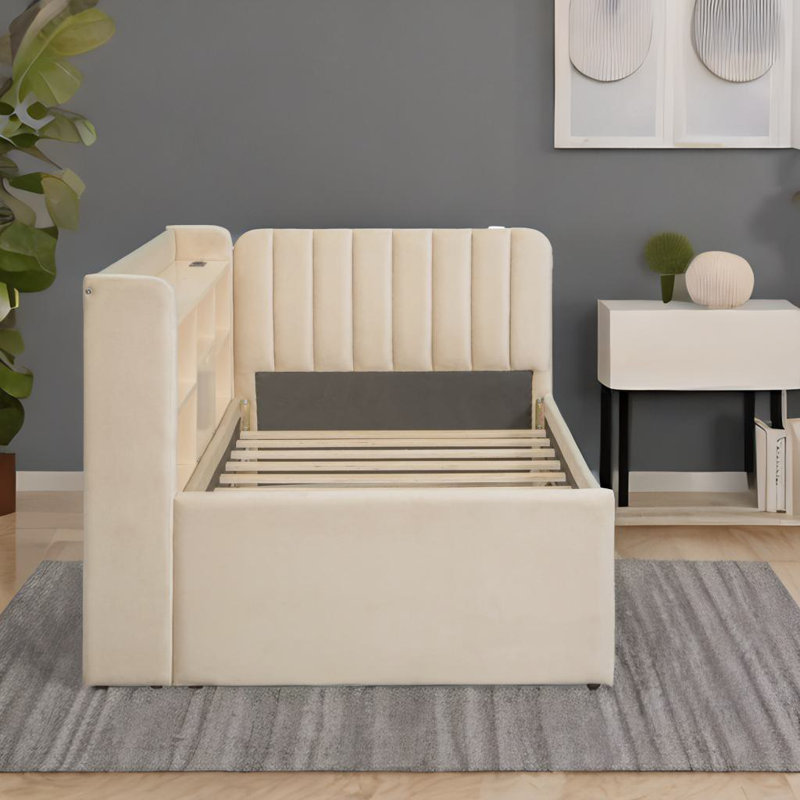 Lit de jour simple rembourré avec couchette, Beige