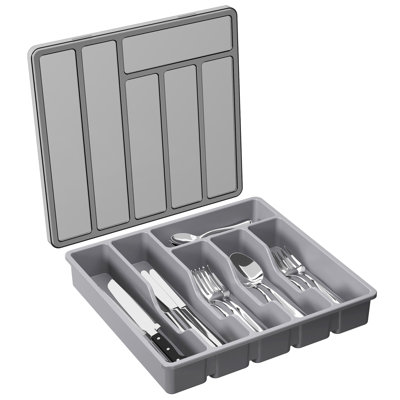 Silverware Organizer With Lid, Covered Utensil Tray For Kitchen Drawer And Countertop, Plastic Cutlery And Flatware Storage Box For Spoons Forks Knives Holder Case, 6 Compartments, Black