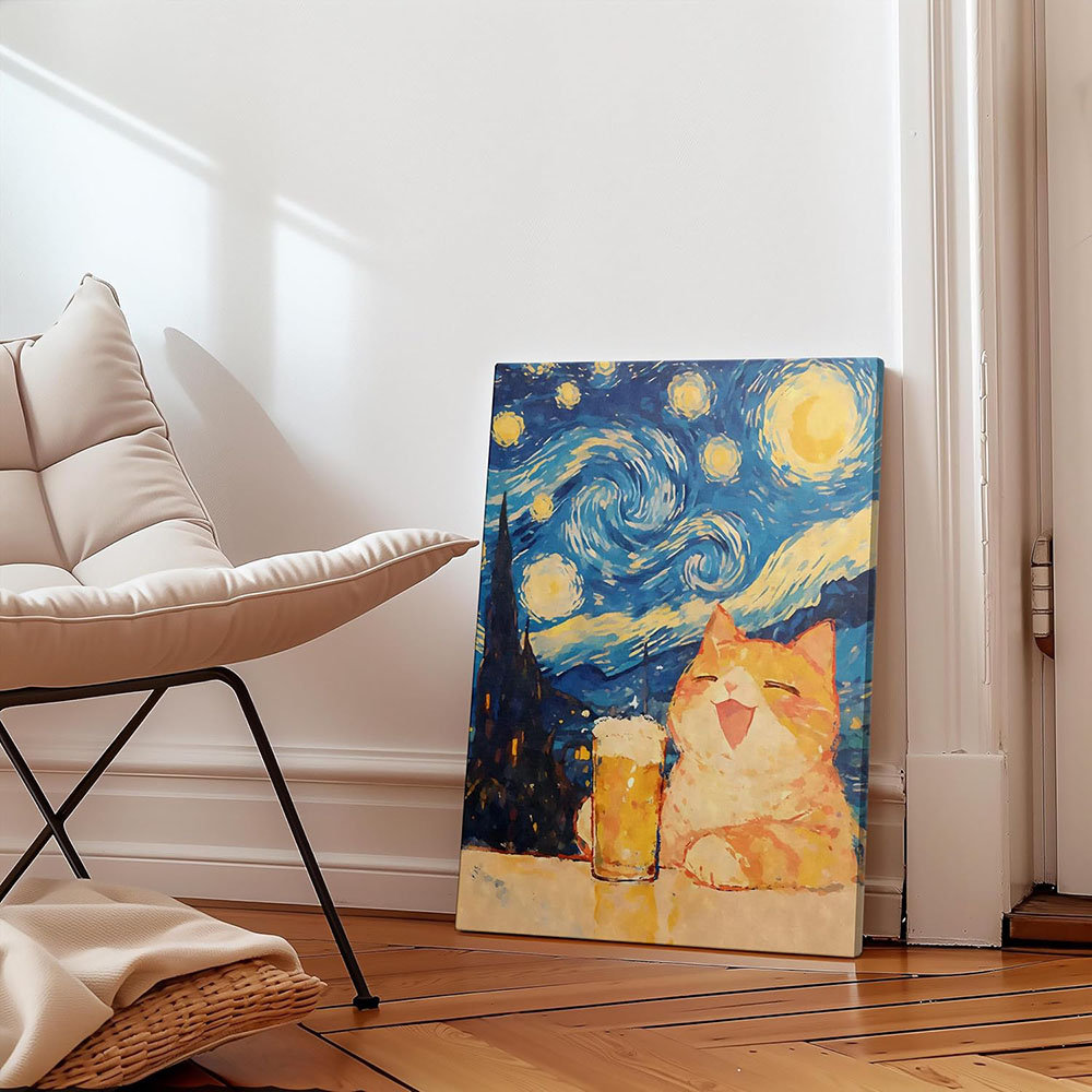 Starry Night With Cartoon Cat Canvas Wall Art Night Starry Painting Picture Wall Decor Retro Cat Beer Poster Print Artwork Animal Cats Artworks For Be