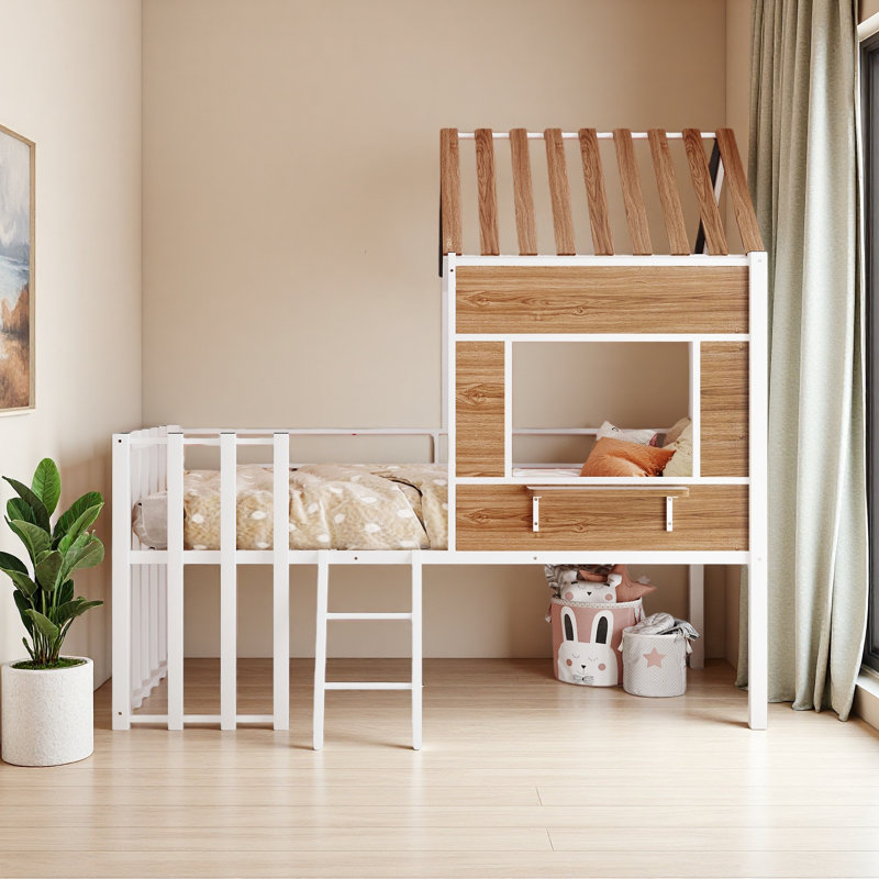 Metal Twin Size Loft Bed With Roof, Window, Guardrail, White