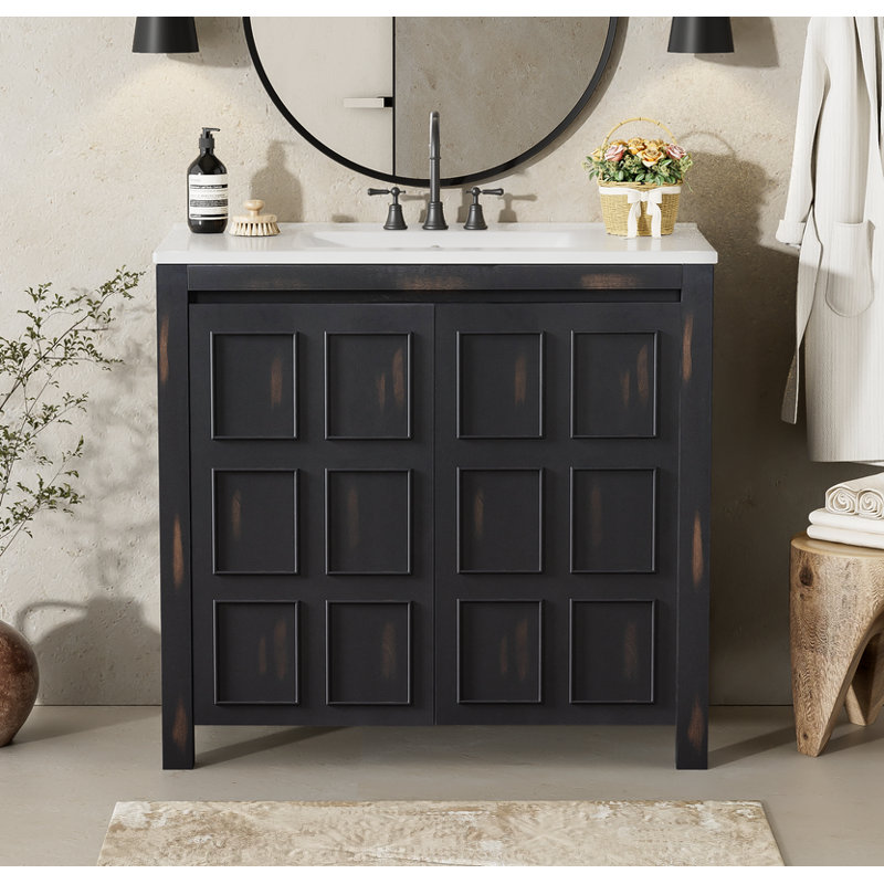 Ensemble de meuble-lavabo de salle de bain espresso vintage avec lavabo en céramique et armoire de rangement rustique