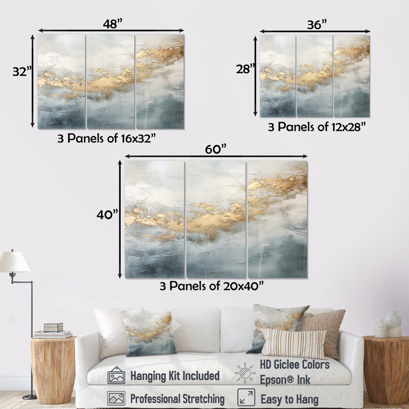 Beige, bleu, or, océan, tempête V, ensemble d'art mural sur toile à formes abstraites, H 32 po x l 48 po, Toile tendue
