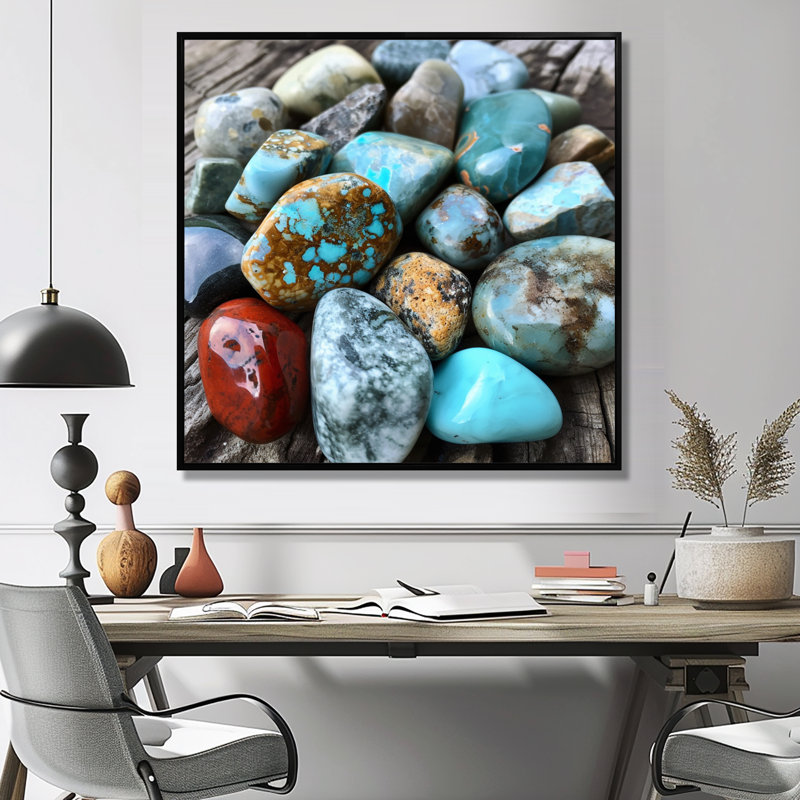 Ethnique turquoise, composition de pierres spirituelles, Cadre flottant noir, H 16 po x l 16 po x P 1 po