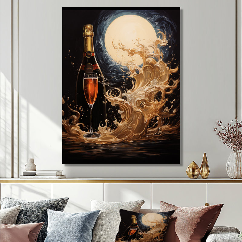 Pleine lune, célébration du champagne - art mural vin et champagne, Toile tendue, H 32 po x l 16 po x P 1 po