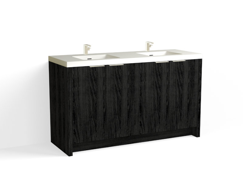 Mesa 60" W Freestanding Double Bathroom Vanity , Nocino/Satin Brass, Single-Hole, White Matte
