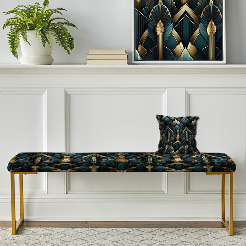 Banc rembourré damassé bleu sarcelle et or Art Deco