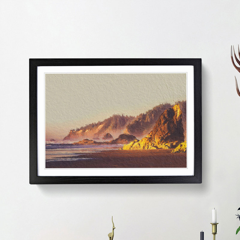 Oregon Beach at Sunset - Framed Print, 36cm H x 48cm W x 2cm D, Black Framed
