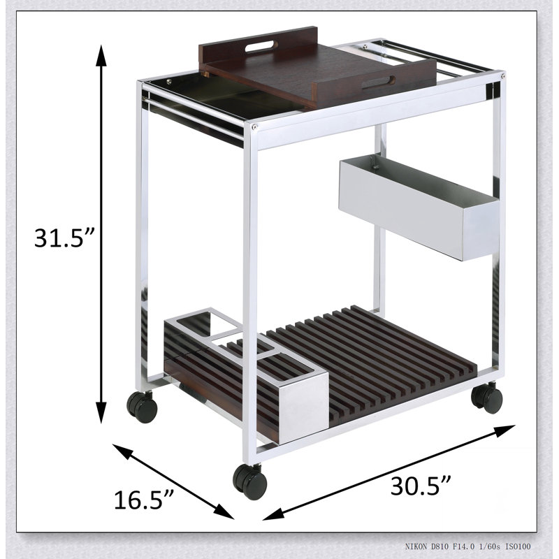 Chrome et chariot de service avec tablette à verres à pied, parfait pour organiser et transporter des boissons et des articles essentiels