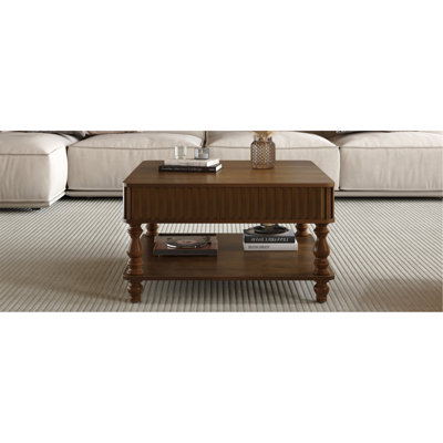 Table basse à plateau relevable cannelé 31,5 pouces avec rangement ouvert et caché, mécanisme de levage hydraulique, pieds en bois massif rétro pour le salon, canapé (noyer)