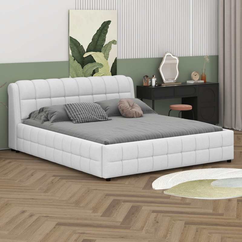 Très grand lit plateforme tapissier, aucun sommier requis, assemblage facile, Blanc