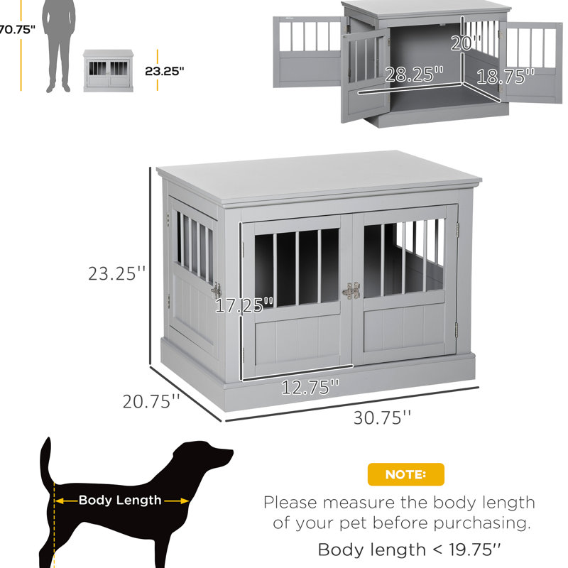 Triple Doors Small Dog Crate, And Functional, Grey Kennel End Table, For Dogs,