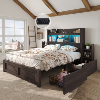 Farmhouse Bed Frame with Bookcase Headboard, 2 Detachable Racks, 4 Drawers & RGB LED