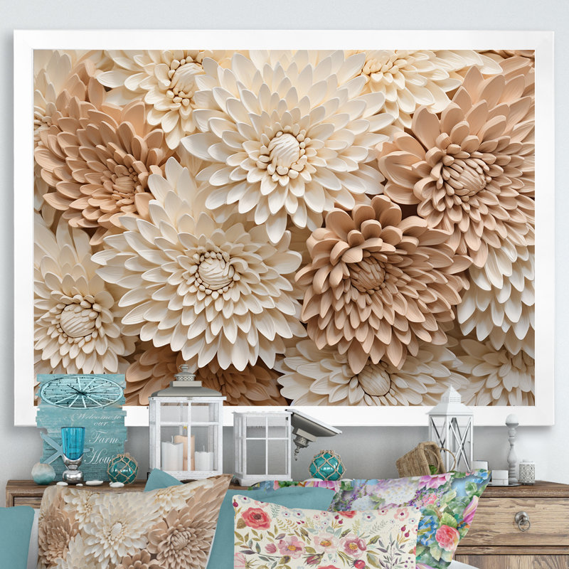 «Pure White Chrysanthemums Mosaic III», art mural sur toile Chrysanthemums, H 12 po x l 20 po x P 1 po, Cadre simple blanc