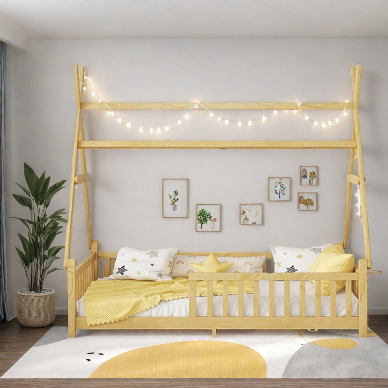 Lits simples en bois naturel pour enfants avec lumière DEL, jeu sécuritaire