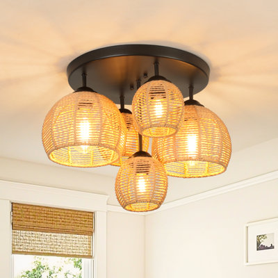 Aarzo - Handwoven Rattan 5-Light Semi Flush Mount Ceiling Light with Layered Cluster Silhouette Boho Farmhouse Style