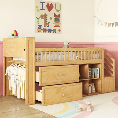 Twin Size Loft Bed With LED And Bookshelf, Wood Low Loft Bed With Stairs, Kids Twin Loft Bed With Storage Drawers And Shelvesx by Harriet Bee